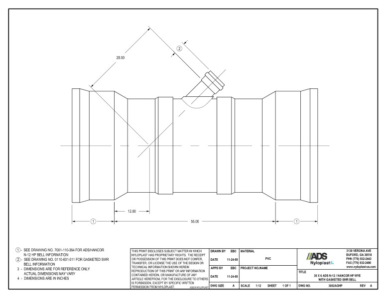 30 x 6 HP Wye with Gasketed SWR Bell Nyloplast Detail