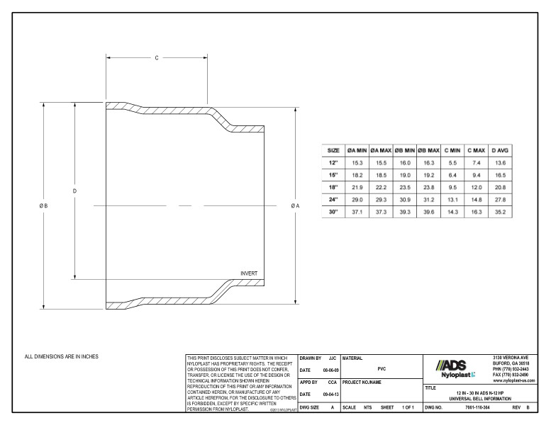 12" - 30" HP Universal Bell Information Nyloplast Detail