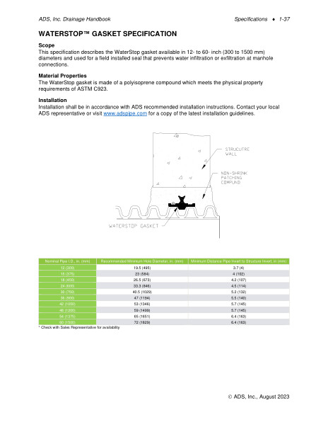 Waterstop Gasket Specification