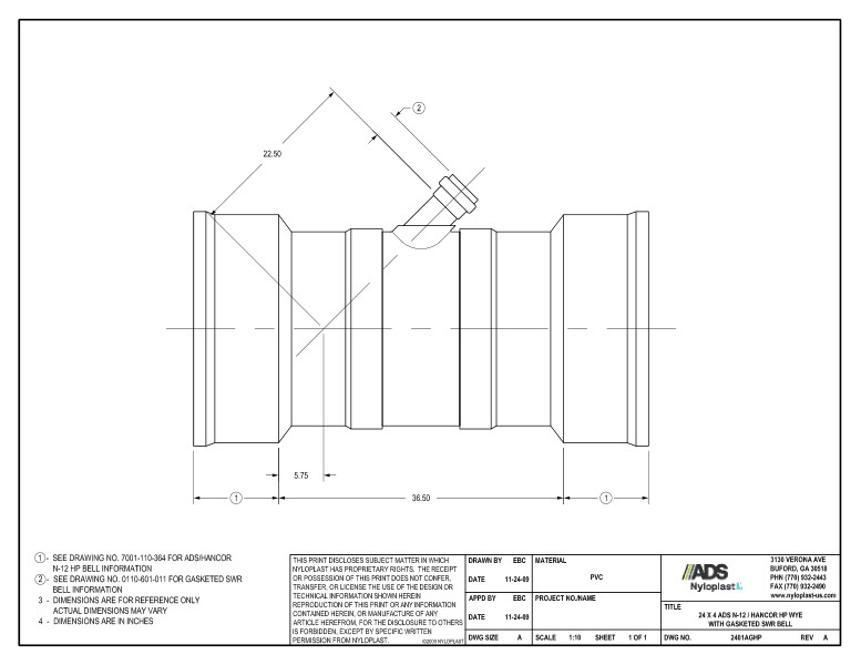 24 x 4 HP Wye with Gasketed SWR Bell Nyloplast Detail