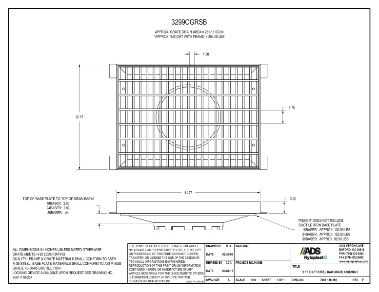 2' x 3' Steel Bar Grate Assembly Nyloplast Detail