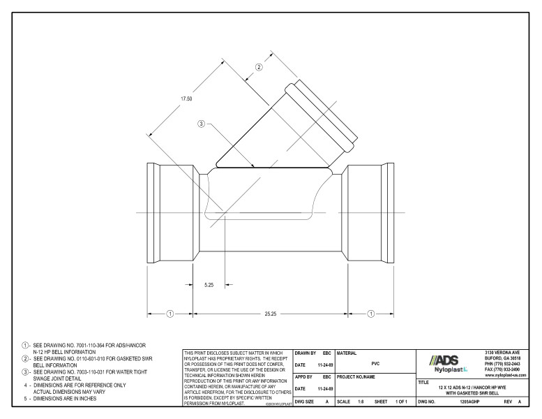 12 x 12 HP Wye with Gasketed SWR Bell Nyloplast Detail