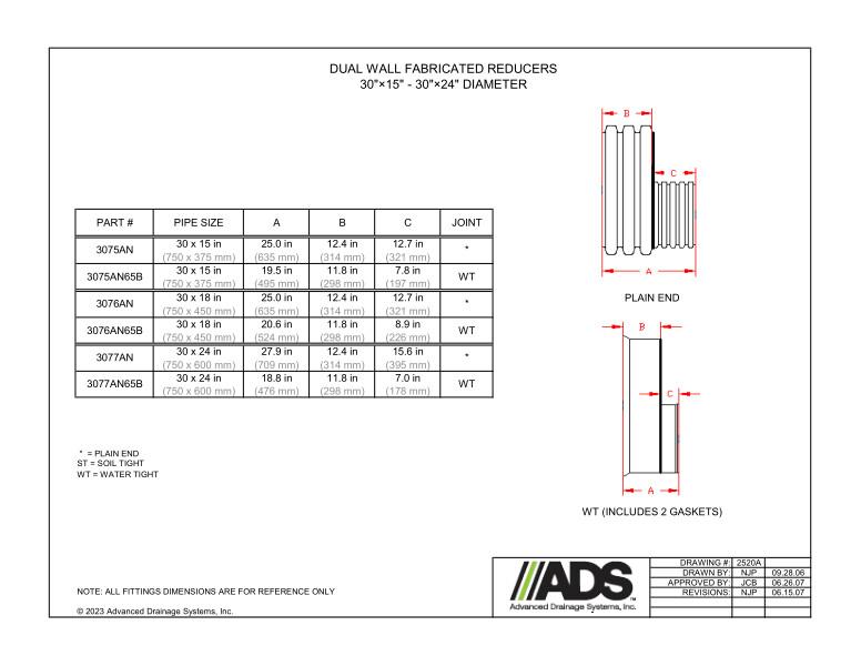 30" x 15" - 30" x 24" Fabricated Reducers (HDPE Dual Wall Fabricated Reducers Fittings)