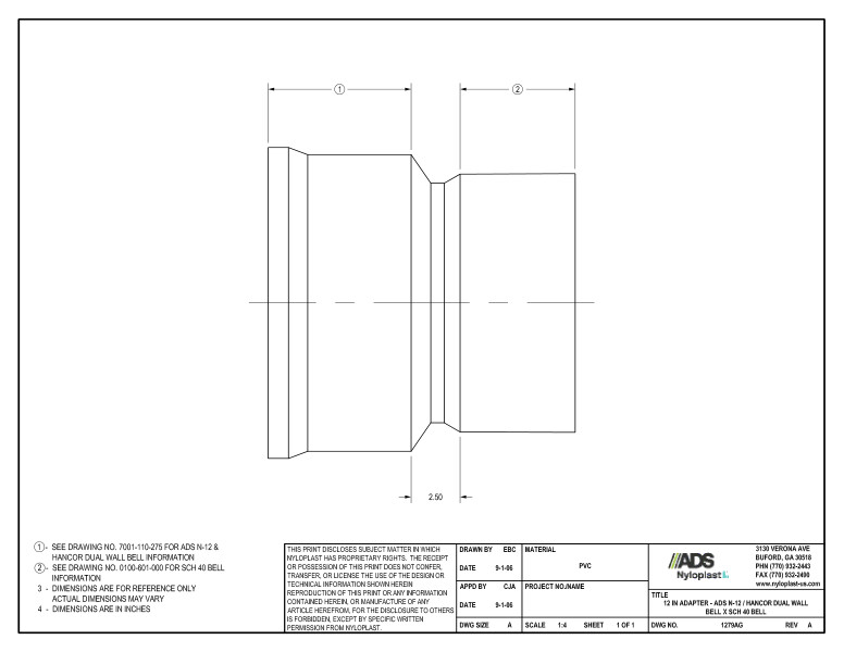 12" Adapter - N-12 Dual Wall Bell x SCH 40 Bell Nyloplast Detail