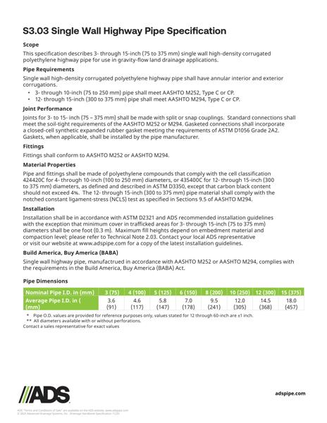 S3.03 Single Wall Highway Pipe Specification