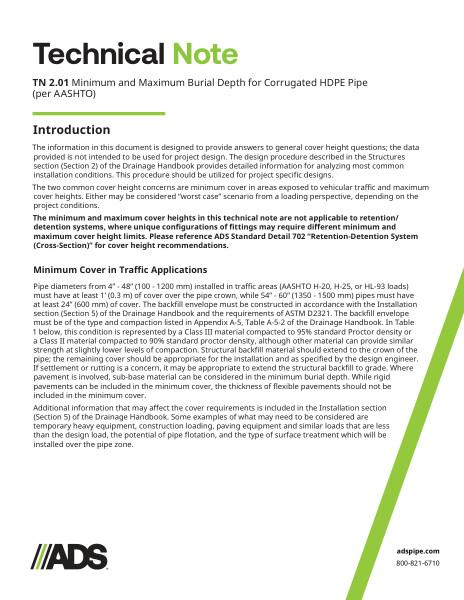 TN 2.01 Minimum Maximum Cover Heights for HDPE per AASHTO