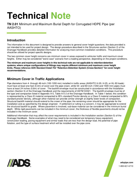 TN 2.01 Minimum Maximum Cover Heights for HDPE per AASHTO