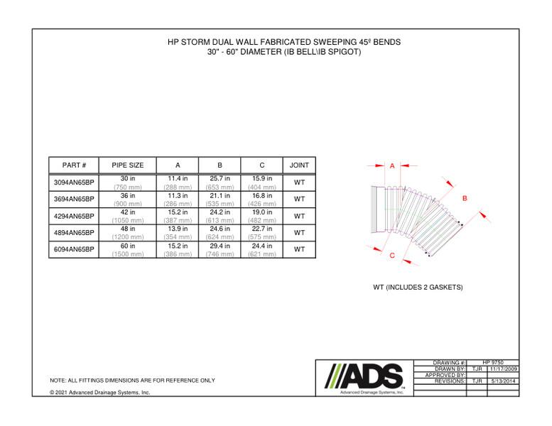 45º Sweeping Bends 30"-60" HP Storm - IB Bell/IB Spigot (HP Storm Bends Fittings Manual)