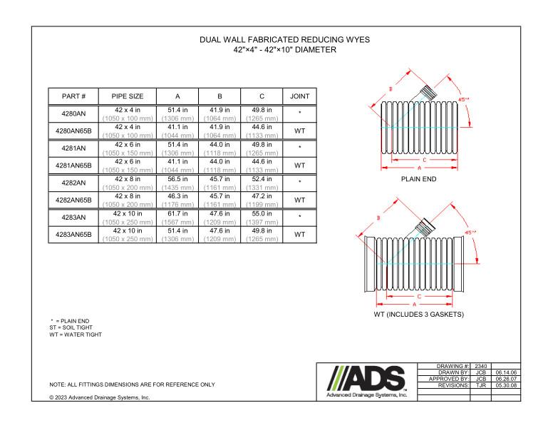 42" x 4" - 42" x 10" Fabricated Reducing Wyes (HDPE Duall Wall Fabricated Wyes Fittings))