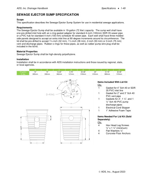 Sewage Ejector Sump Specification