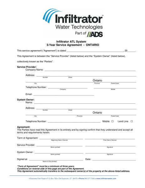 ATL Maintenance Agreement Fillable Form - Ontario
