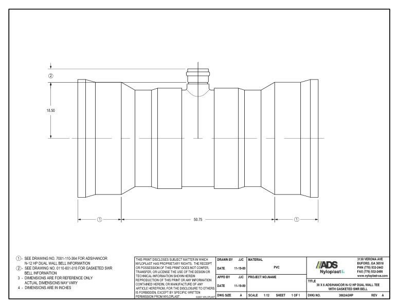 30 x 6 HP Tee with Gasketed SWR Bell Nyloplast Detail