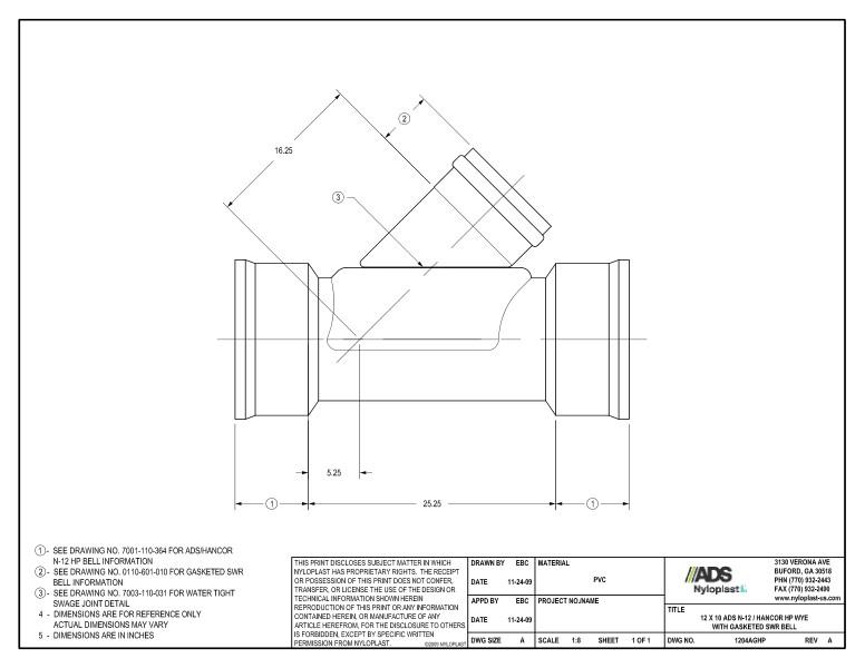 12 x 10 HP Wye with Gasketed SWR Bell Nyloplast Detail