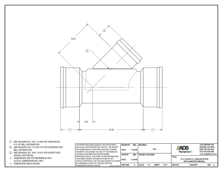 12 x 10 HP Wye with Gasketed SWR Bell Nyloplast Detail