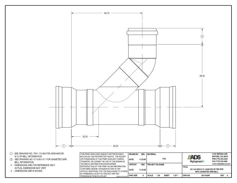 30 x 24 HP Tee Wye with Gasketed SWR Bell Nyloplast Detail