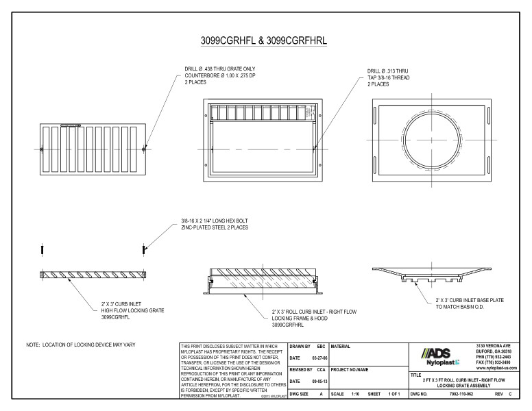 2' x 3' Roll Curb Inlet - Right Flow Locking Grate Assembly Nyloplast Detail