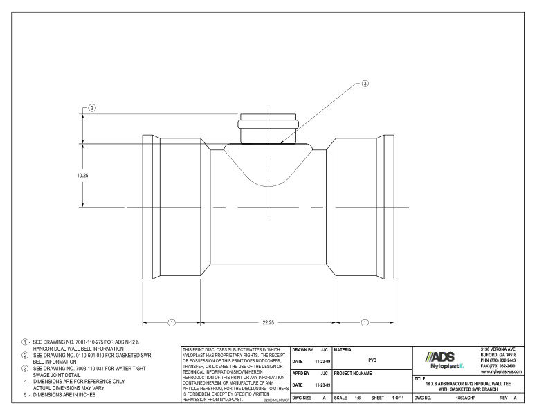 18 x 8 HP Tee with Gasketed SWR Bell Nyloplast Detail