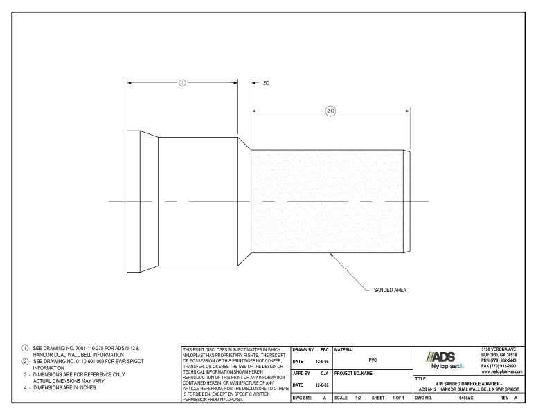 4" Sanded Manhole Adapter - N-12 Dual Wall Bell x SWR Spigot Nyloplast Detail