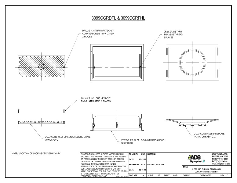 2' x 3' Curb Inlet Diagonal Locking Grate Assembly Nyloplast Detail