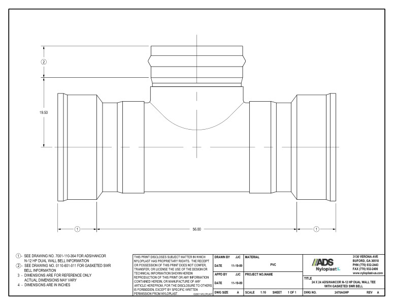 24 x 24 HP Tee with Gasketed SWR Bell Nyloplast Detail