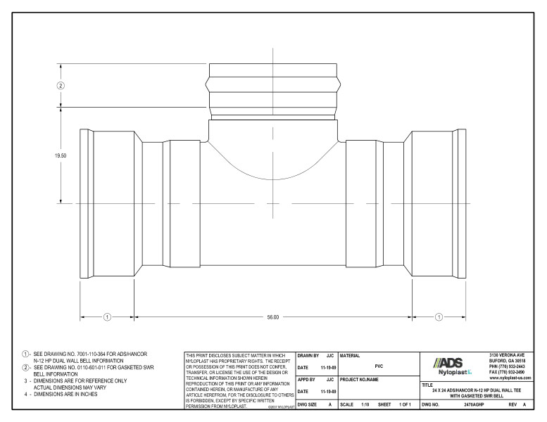 24 x 24 HP Tee with Gasketed SWR Bell Nyloplast Detail