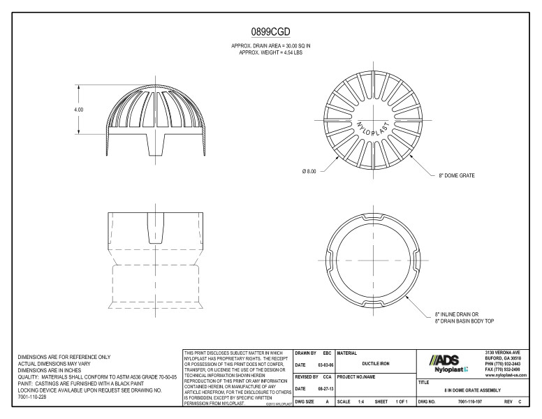 8" Dome Grate Assembly (Inline Drain) Nyloplast Detail