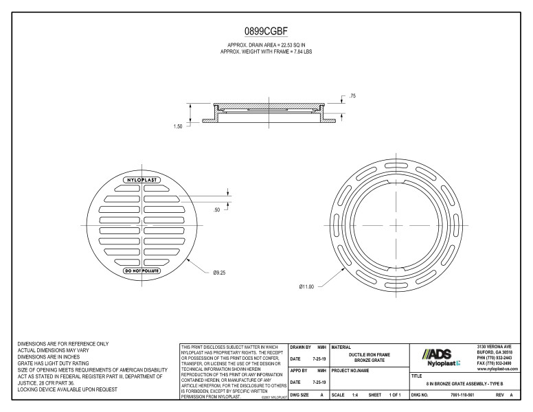 8" Bronze Grate Assembly (Drain Basin) Nyloplast Detail