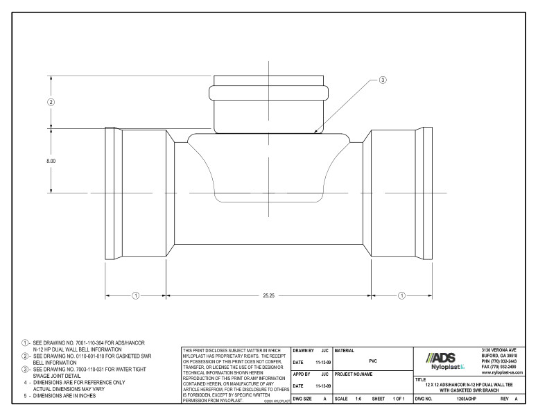 12 x 12 HP Tee with Gasketed SWR Bell Nyloplast Detail