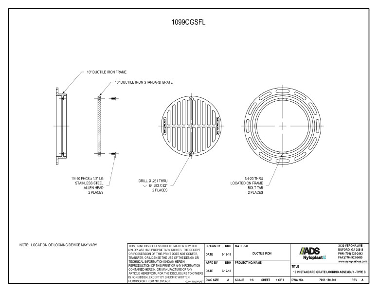 10" Standard Locking Grate Assembly (Drain Basin) Nyloplast Detail