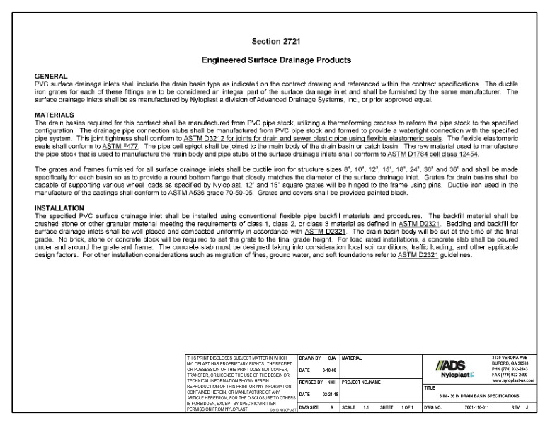 8" - 36" Drain Basin Specifications Nyloplast Detail