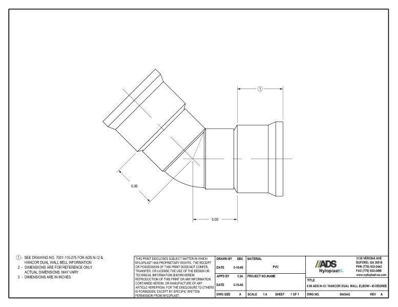 6" N-12 Dual Wall Elbow - 45 Degree Nyloplast Detail