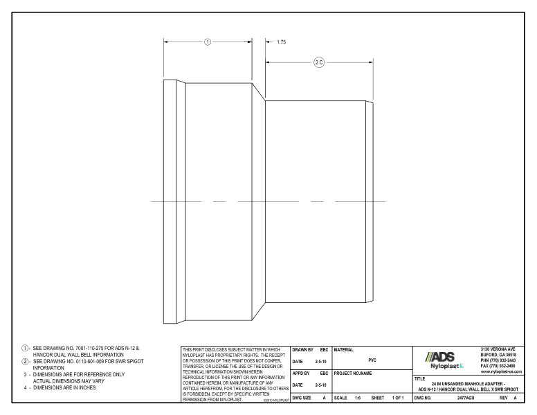 24" Unsanded Manhole Adapter - N-12 Dual Wall Bell x SWR Spigot Nyloplast Detail