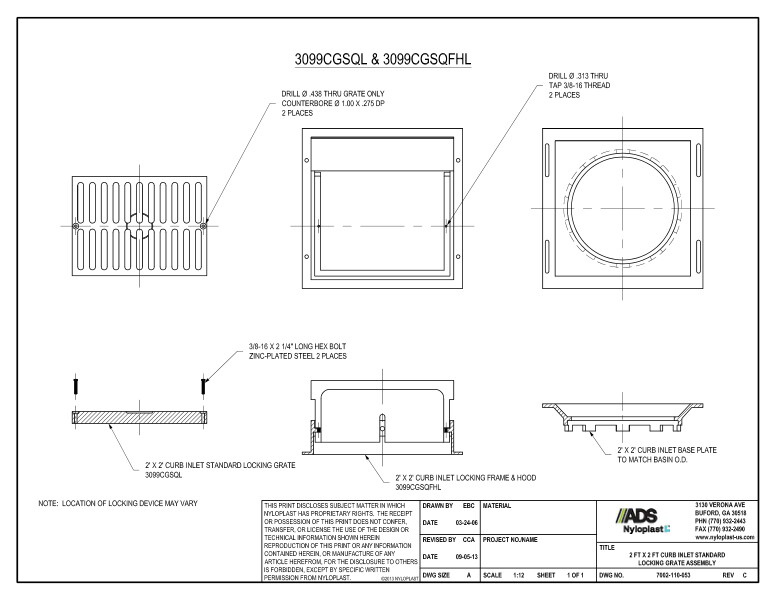 2' x 2' Curb Inlet Standard Locking Grate Assembly Nyloplast Detail