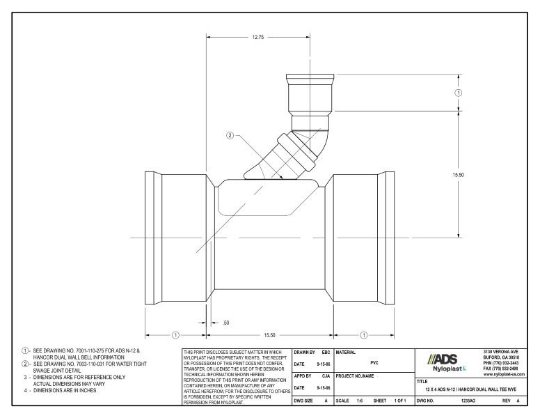 12 x 4 N-12 Dual Wall Tee Wye Nyloplast Detail