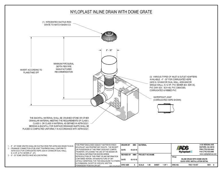 Inline Drain with Dome Grate Quick Spec Installation Nyloplast Detail