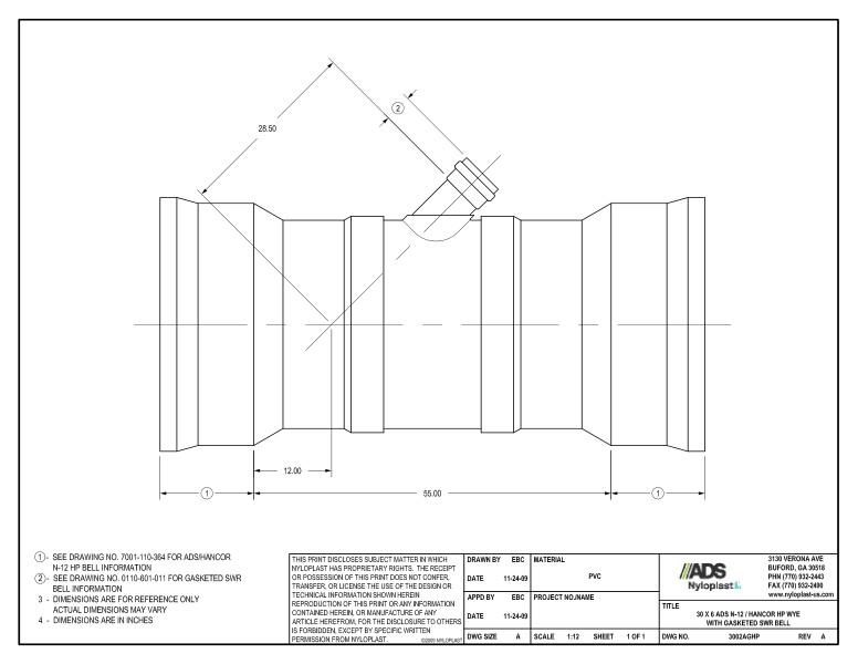 30 x 6 HP Wye with Gasketed SWR Bell Nyloplast Detail