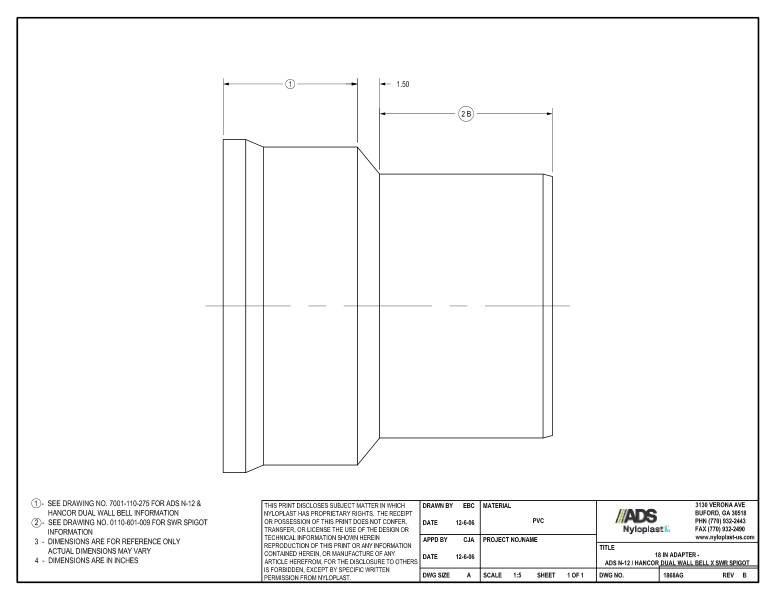 18" Adapter - N-12 Dual Wall Bell x SWR Spigot Nyloplast Detail