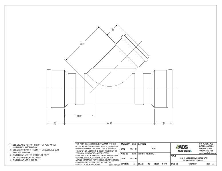 15 x 15 HP Wye with Gasketed SWR Bell Nyloplast Detail