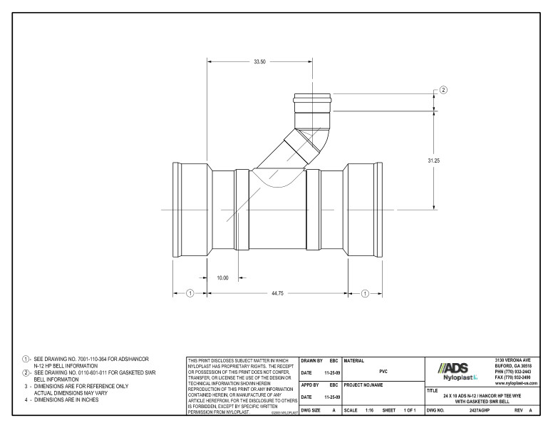 24 x 10 HP Tee Wye with Gasketed SWR Bell Nyloplast Detail