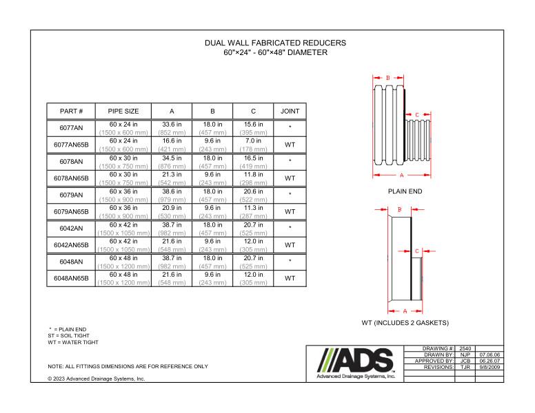 60" x 24" - 60" x 48" Fabricated Reducers (HDPE Dual Wall Fabricated Reducers Fittings)