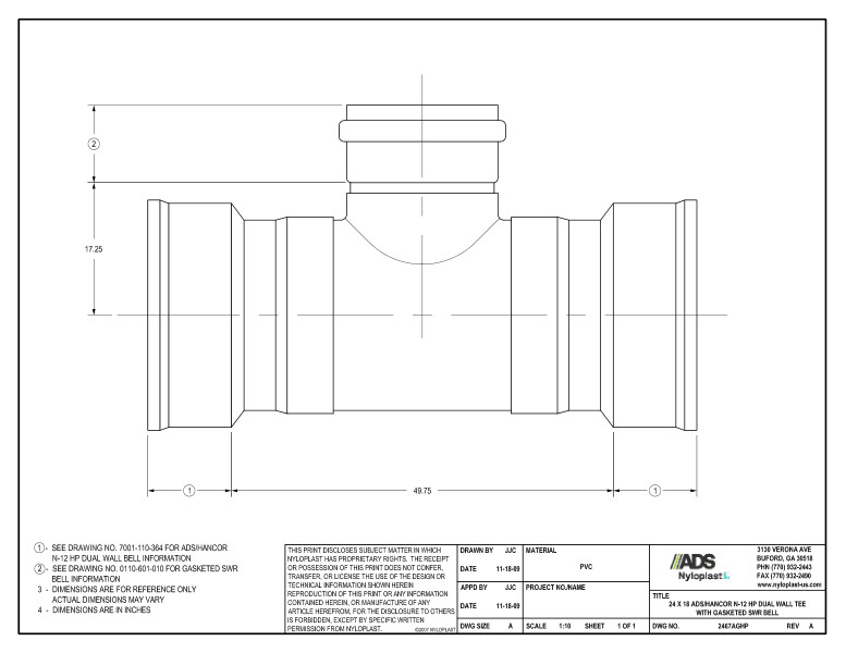 24 x 18 HP Tee with Gasketed SWR Bell Nyloplast Detail