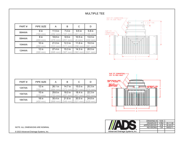 6" - 18" Multiple Tees (HDPE Single Wall Fittings)