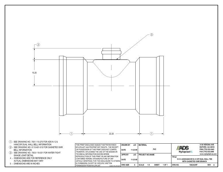 18 x 6 HP Tee with Gasketed SWR Bell Nyloplast Detail