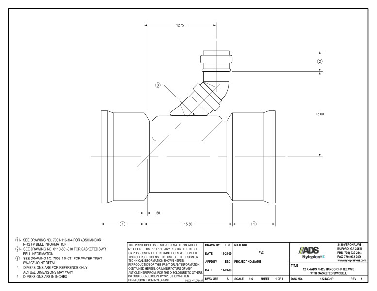 12 x 4 HP Tee Wye with Gasketed SWR Bell Nyloplast Detail