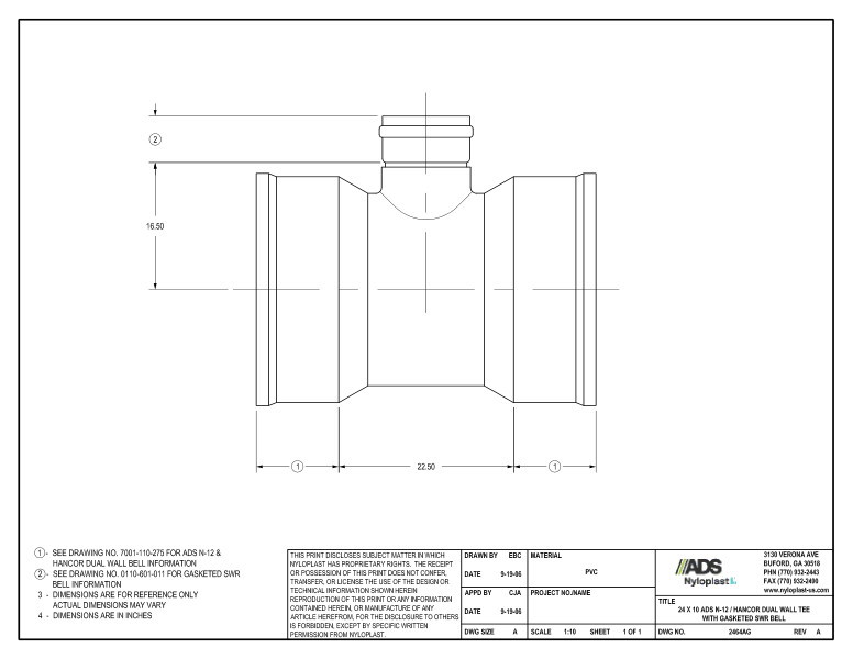 24 x 10 N-12 Dual Wall Tee with Gasketed SWR Bell Nyloplast Detail