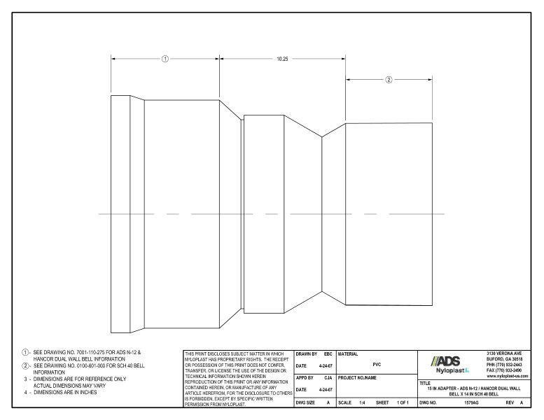 15" Adapter - N-12 Dual Wall Bell x SCH 40 Bell Nyloplast Detail