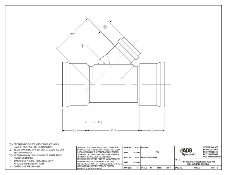 10 x 6 N-12 Dual Wall Wye with Gasketed SWR Bell Nyloplast Detail