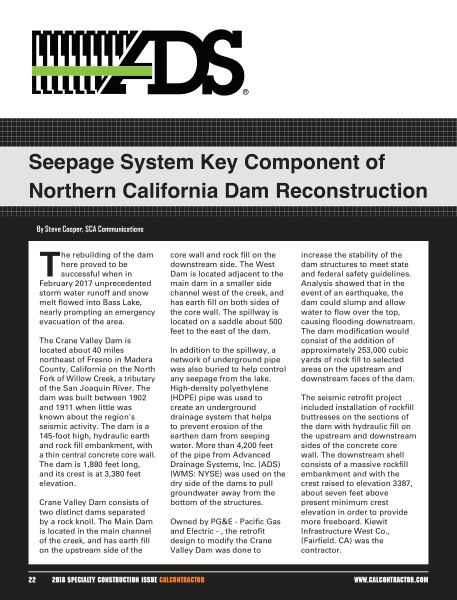 Seepage System Key Component of Northern California Dam Reconstruction: ADS N-12 Case Study