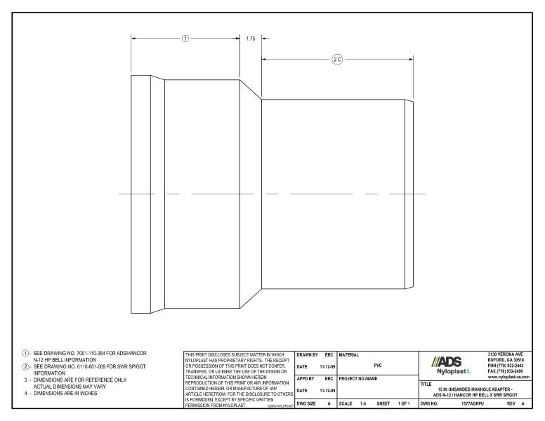 15" Unsanded Manhole Adapter - HP Bell x SWR Spigot Nyloplast Detail