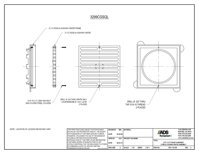 2' x 2' Road & Highway 2 Piece Locking Grate Assembly Nyloplast Detail